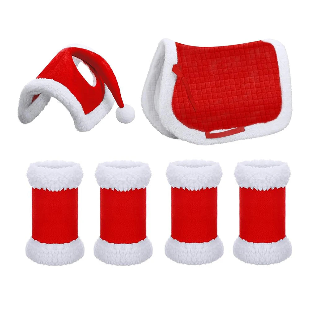 6Pcs Christmas Santa Leg Wraps Horse Hat Saddle Pad Multi-Purpose Santa Red Horse Hat & Leg Wraps & Horse Saddle for Horses