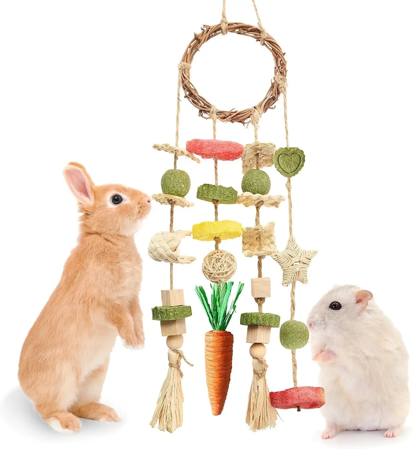 Rabbit Chew Toy – Hanging Rattan Ring with Treats for Bunnies & Rodents