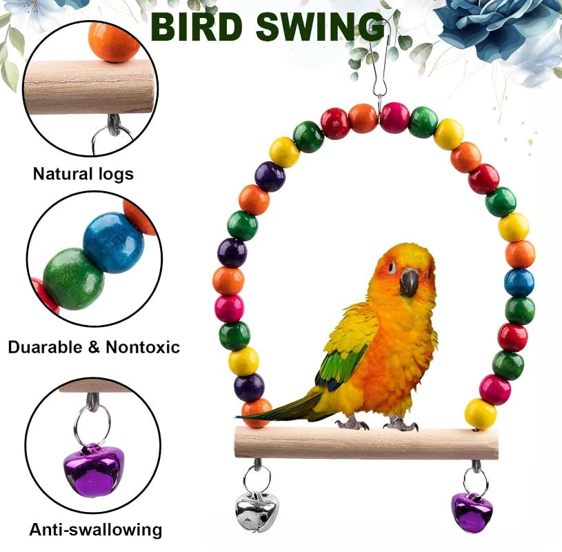7Pcs Wood Bird Toys for Parakeets: Perch, Swing, Ladder, Climbing Set for Budgies, Cockatiels, Conures
