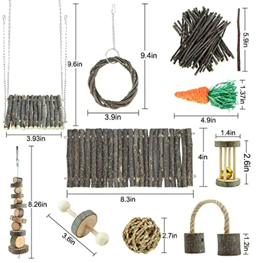 Hamster Toys Rat Toys Chinchilla Toys Hamster Chew Toys Cage Accessories Apple Wood Sticks Ladder Bell Roller for Gerbil Guinea