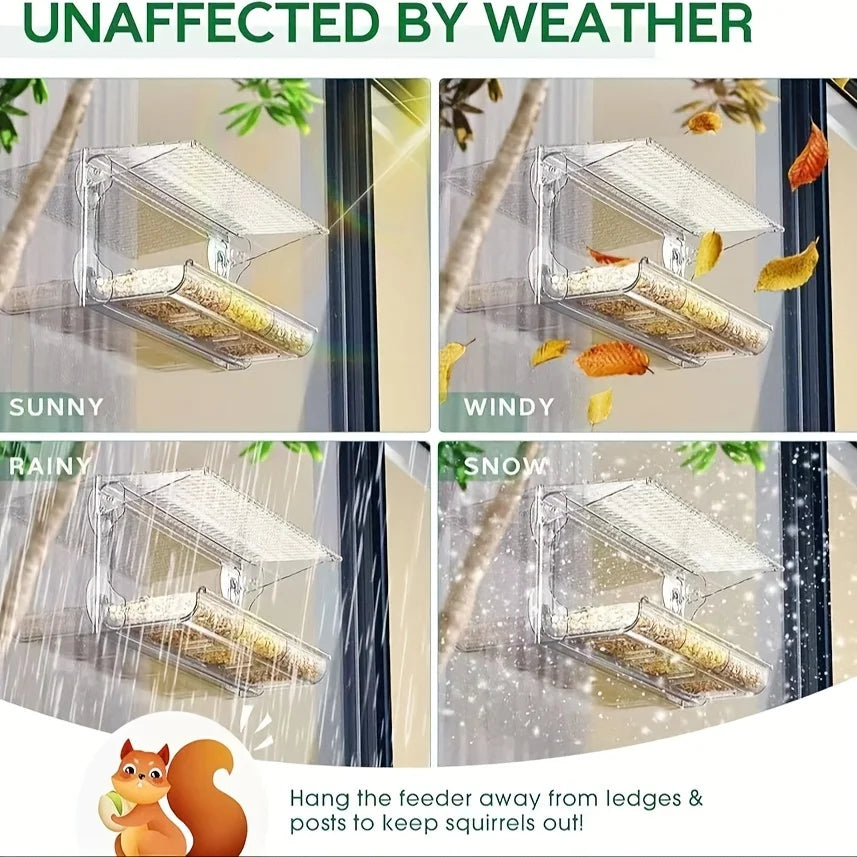 Indestructible Large Window Bird Feeder with Removable Seed & Water Tray, for Wild Birds with 4 Super Strong Adhesive Hooks + 4