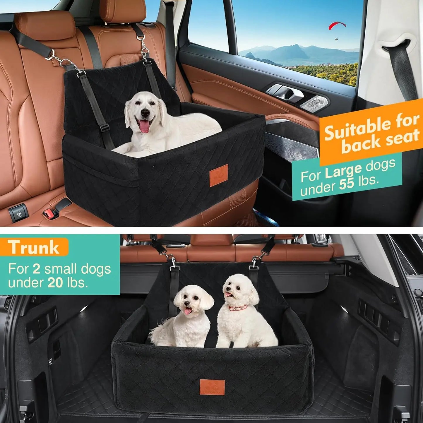 Portable Washable Dog Car Seat for Medium Large Pets Under 55 lbs, Thick Cushion with Safety Leashes Travel Bed