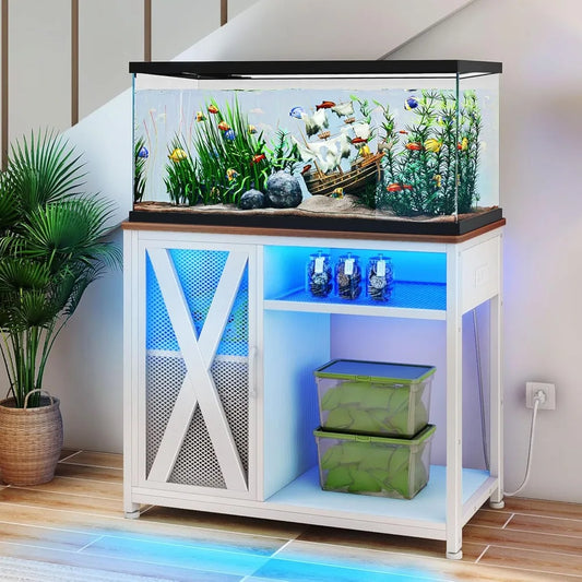 40-50 Gallon Aquarium Stand with Power Outlets & LED Light, Cabinet for Fish Tank Accessories Storage - Metal Fish Tank Stand