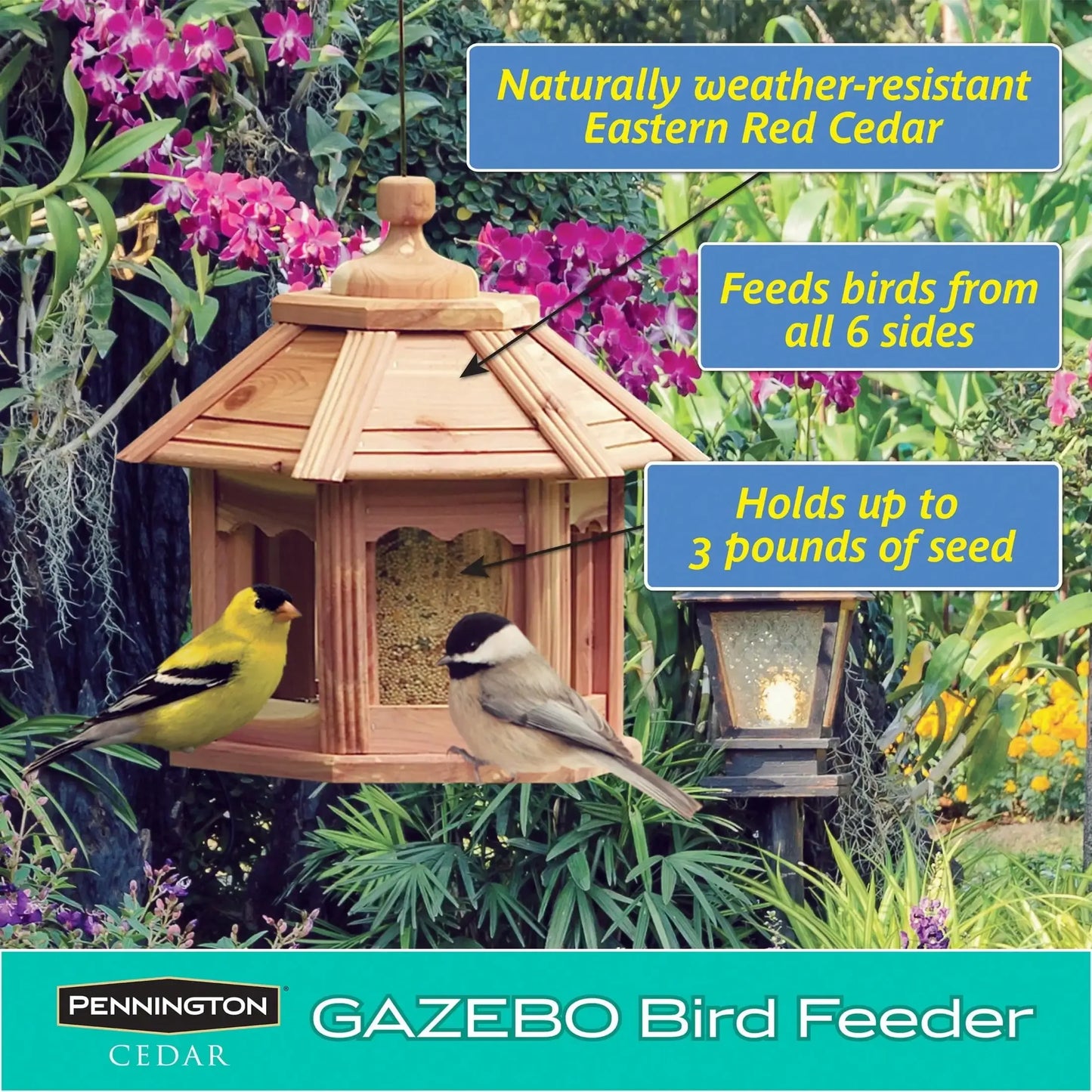 Cedar Gazebo Wild Bird Feeder, 3 lb Hopper Capacity,Safe Hanging,Durable Material