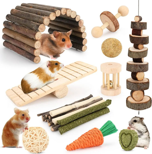12-Piece Hamster Cage Chew Toy Set – Natural Molar Grinding & Hideout Seesaw for Rabbits, Guinea Pigs & Small Pets
