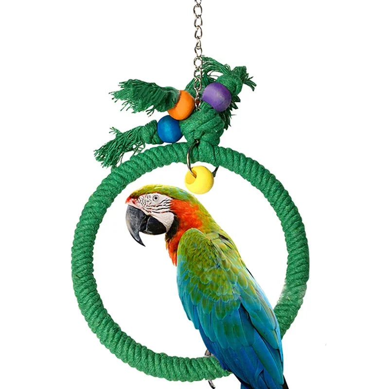 Pet Parrot Birds Cage Toy Cotton Rope Circle Ring Stand Chewing Bite Hanging Swing Climbing Play Toys for African Gray Parrot