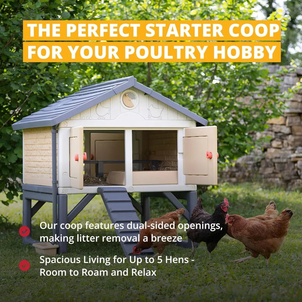 Chicken Coop, Spacious Design for 5 Hens, Durable UV-Protected Plastic, Easy Assembly, Secure Locking Doors