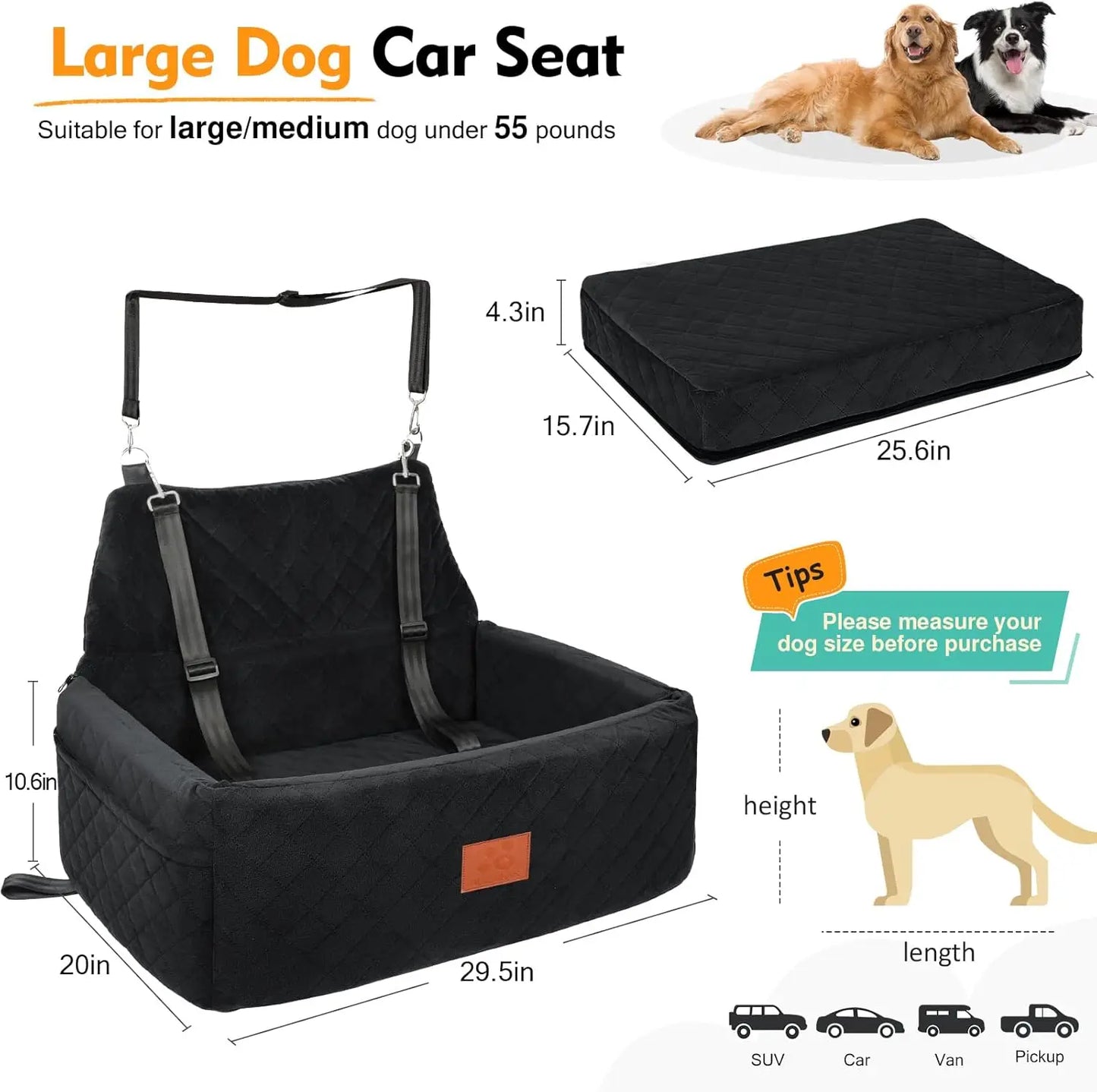 Portable Washable Dog Car Seat for Medium Large Pets Under 55 lbs, Thick Cushion with Safety Leashes Travel Bed