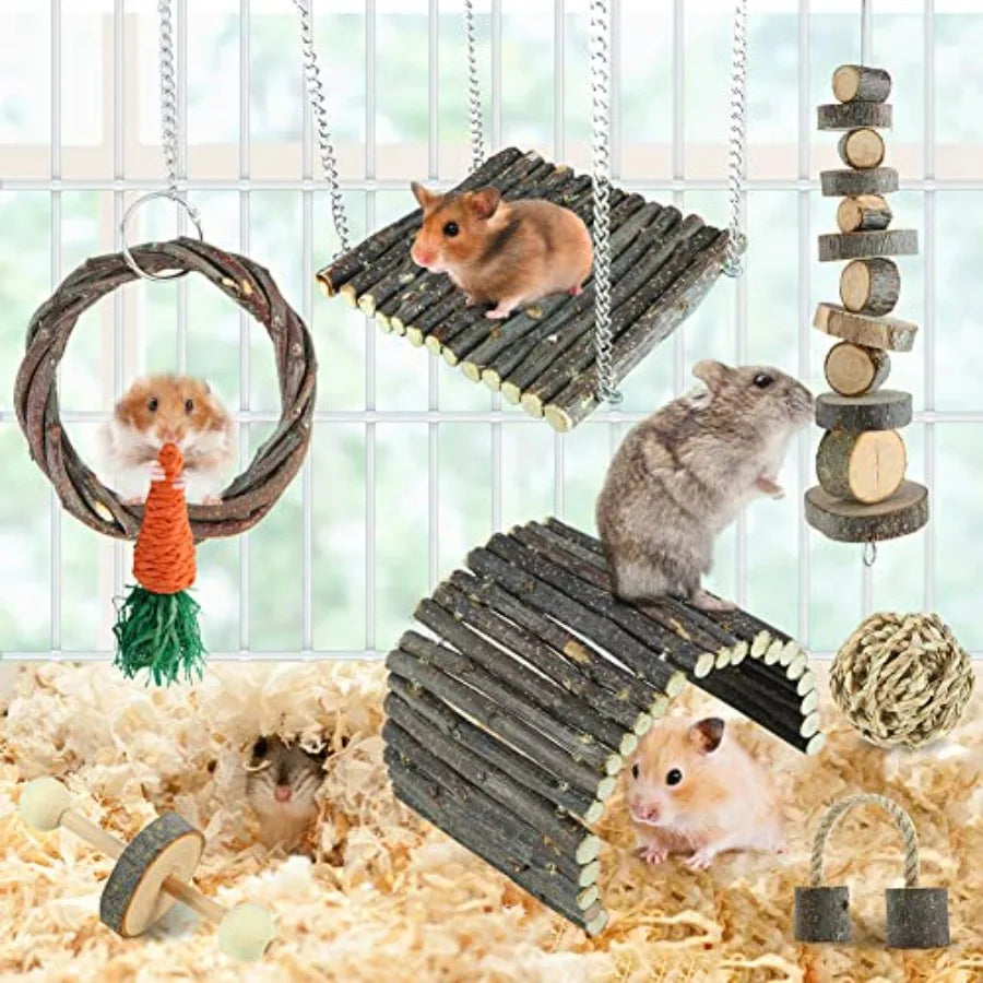 Hamster Toys Rat Toys Chinchilla Toys Hamster Chew Toys Cage Accessories Apple Wood Sticks Ladder Bell Roller for Gerbil Guinea